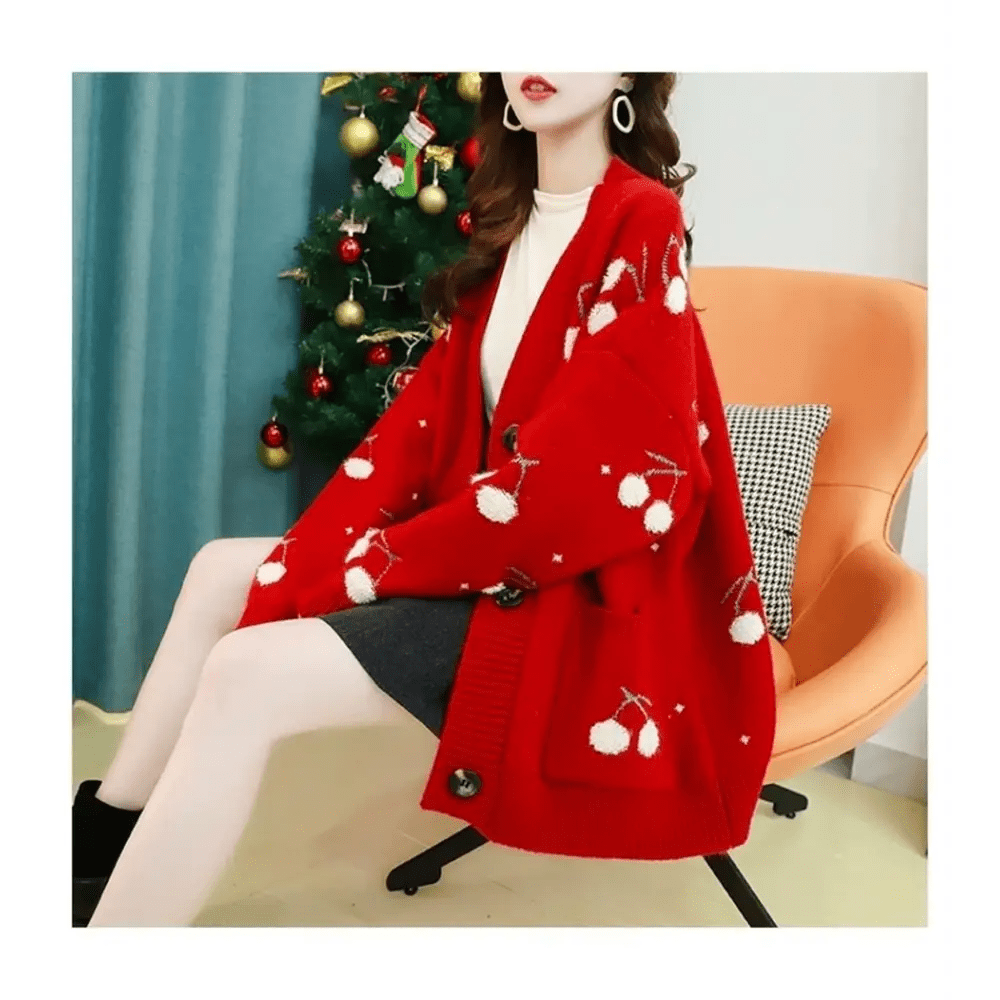 Cherry Cardigan with Adorable Embroidery and Luxurious Knit Material - Cosparty