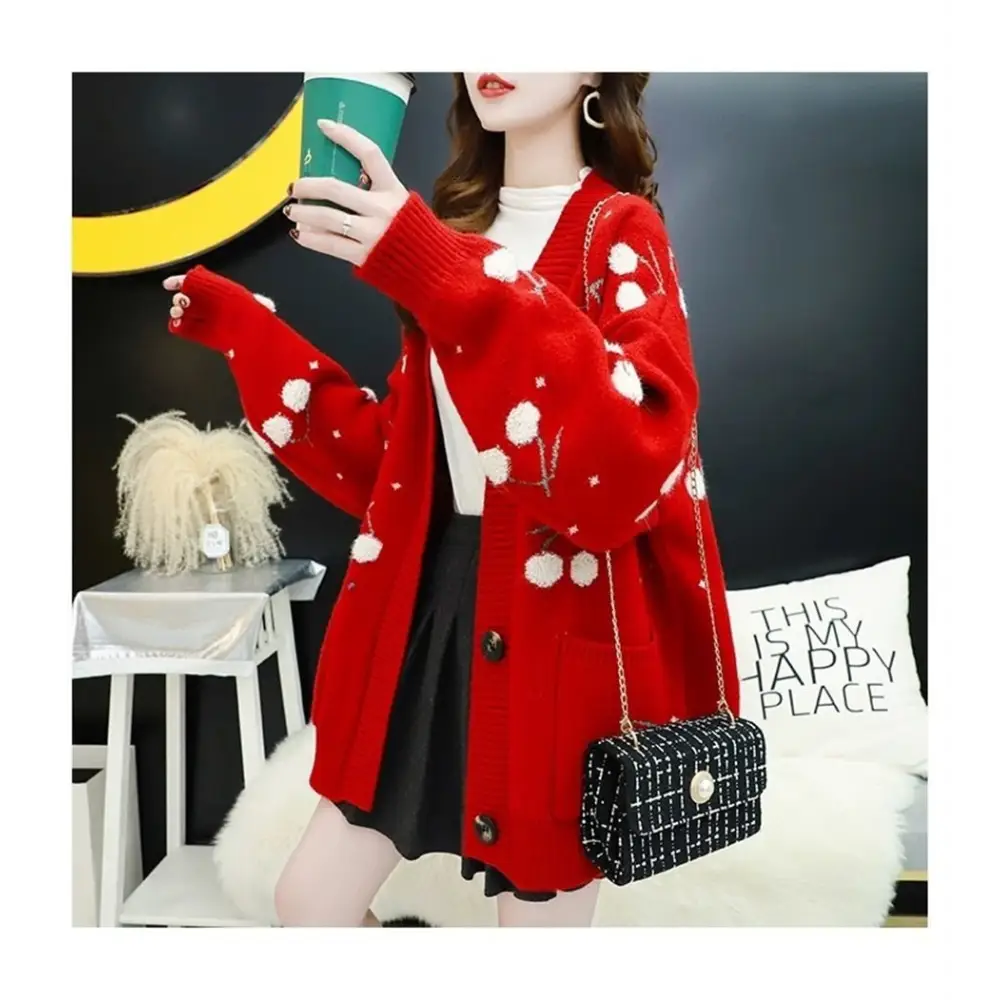 Cherry Cardigan with Adorable Embroidery and Luxurious Knit Material - sweater