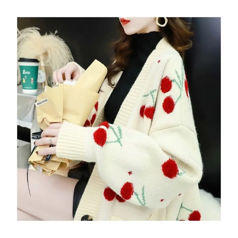 Cherry Cardigan with Adorable Embroidery and Luxurious Knit Material - sweater