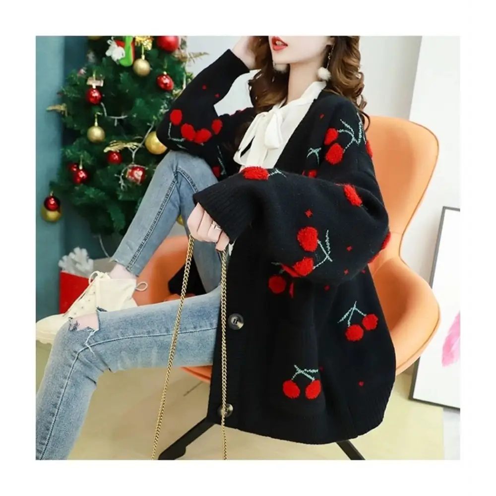 Cherry Cardigan with Adorable Embroidery and Luxurious Knit Material - sweater