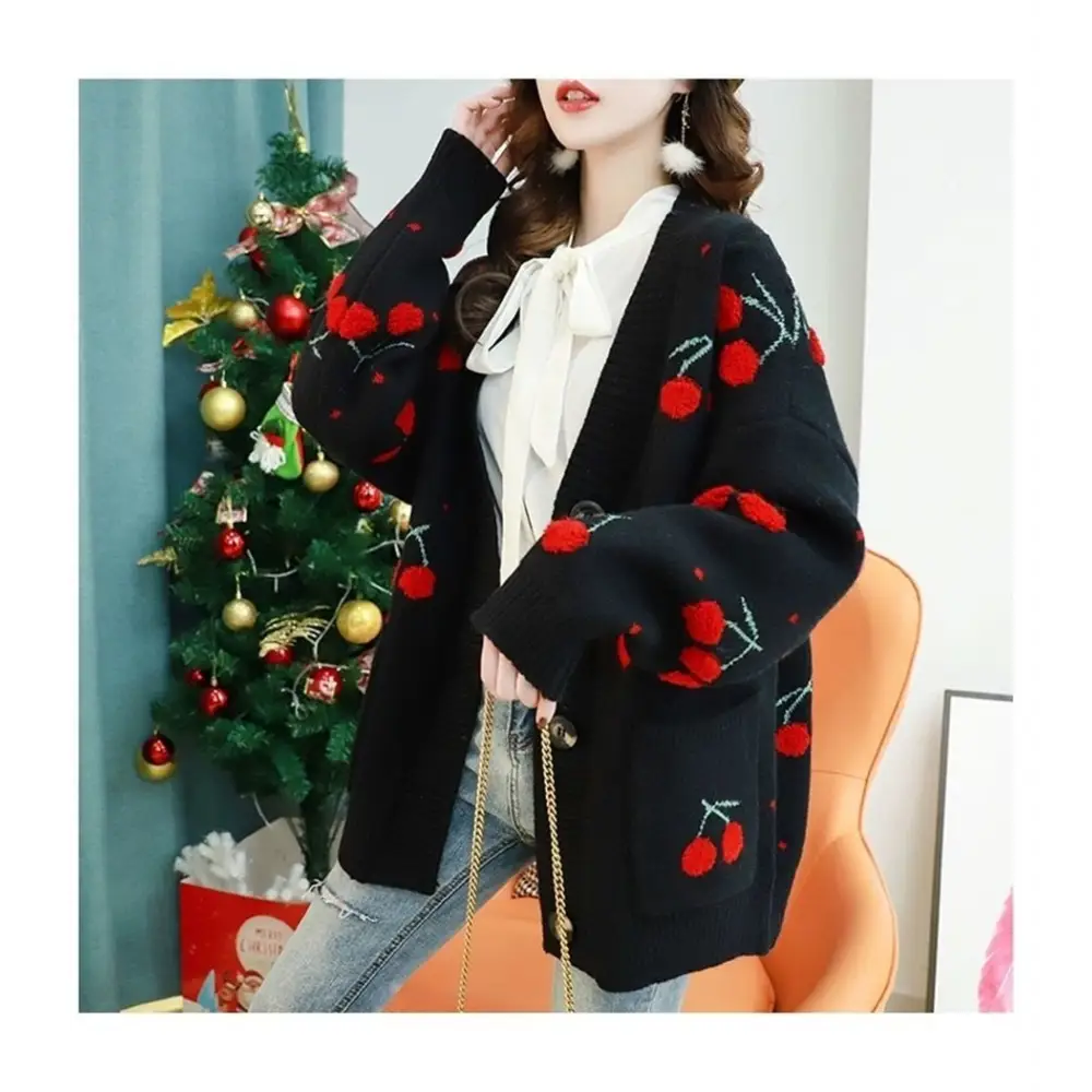 Cherry Cardigan with Adorable Embroidery and Luxurious Knit Material - sweater