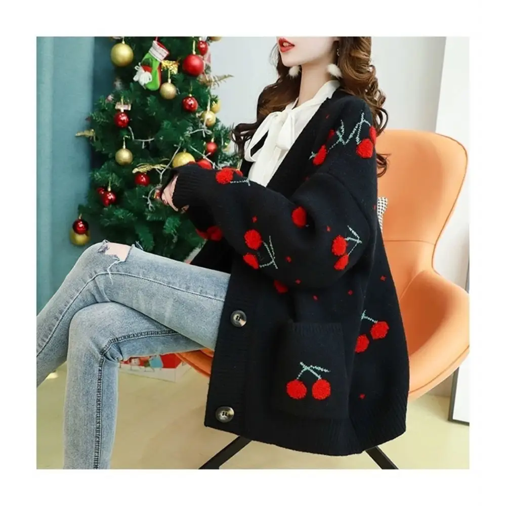 Cherry Cardigan with Adorable Embroidery and Luxurious Knit Material - sweater