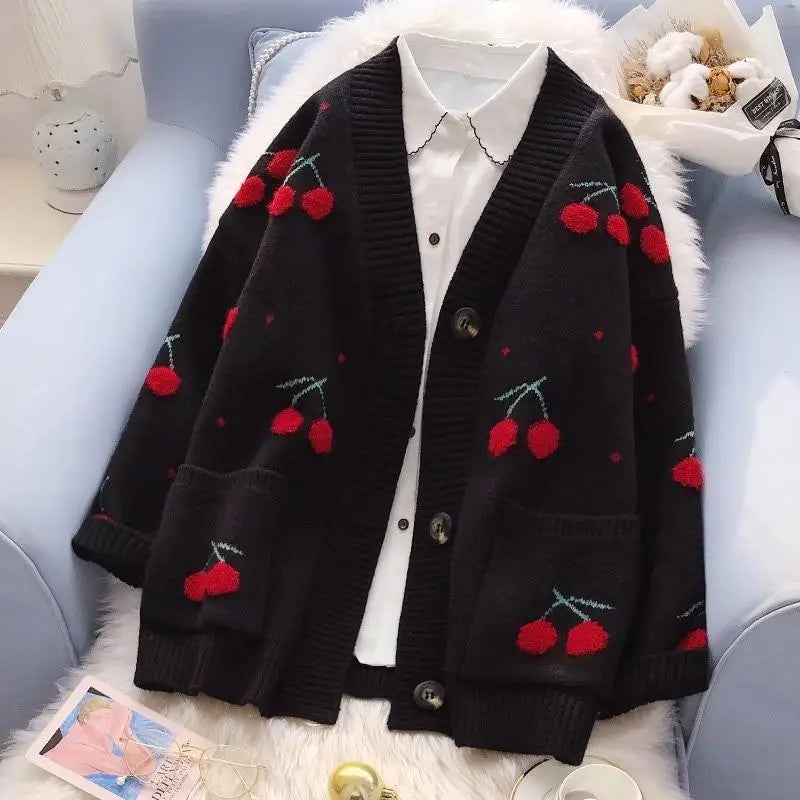 Cherry Cardigan - Black Cherries - cardigans, cherries, cherry, grandma, kawaii