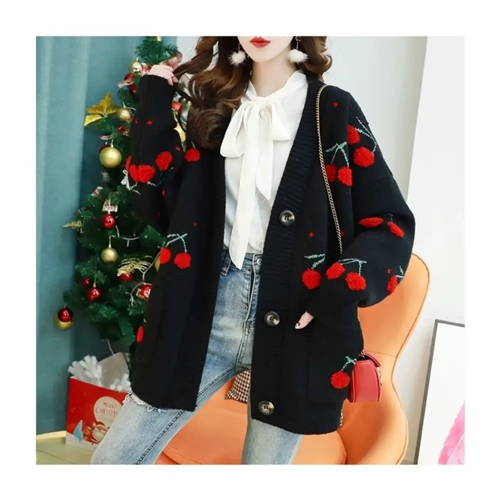 Cherry Cardigan with Adorable Embroidery and Luxurious Knit Material - sweater