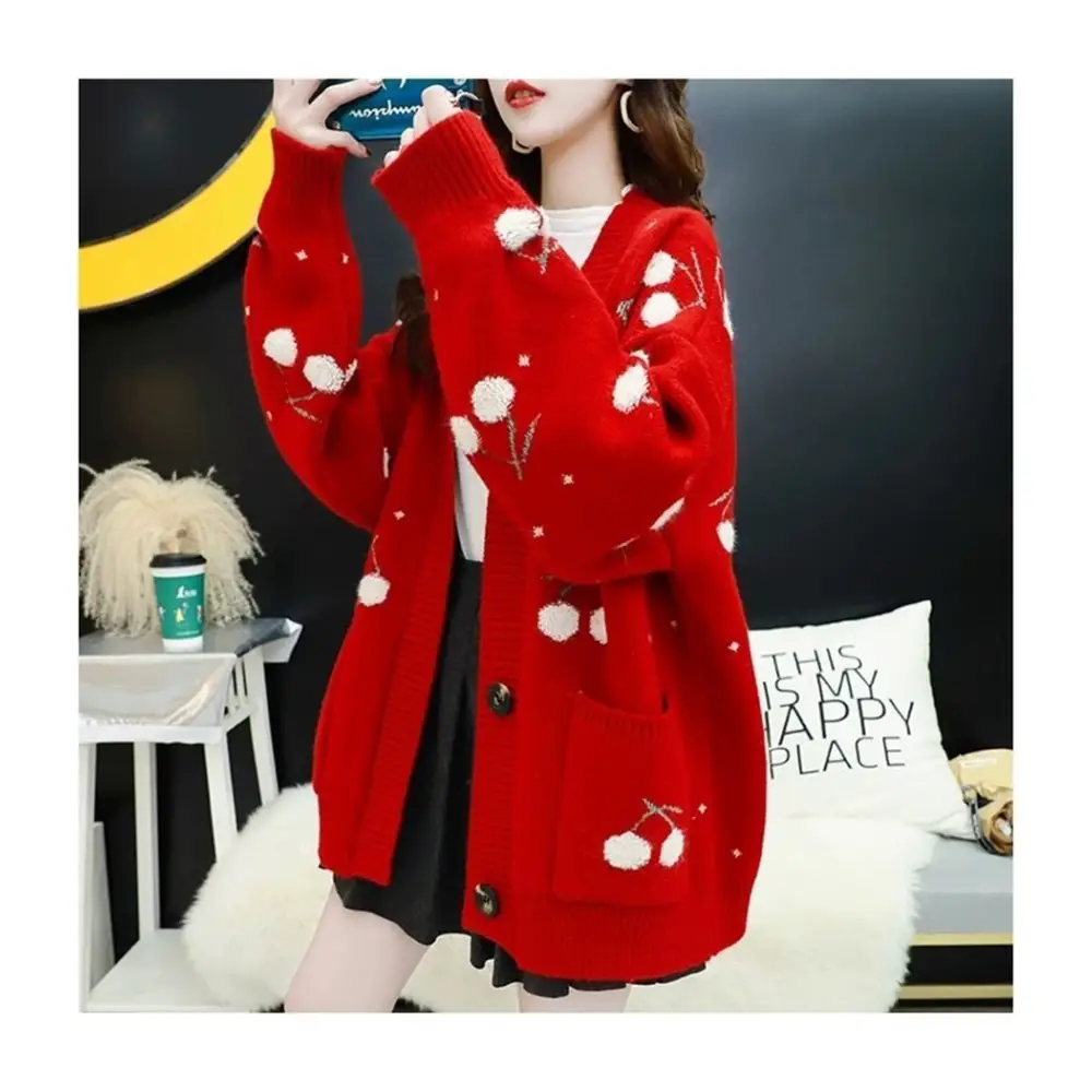 Cherry Cardigan with Adorable Embroidery and Luxurious Knit Material - sweater