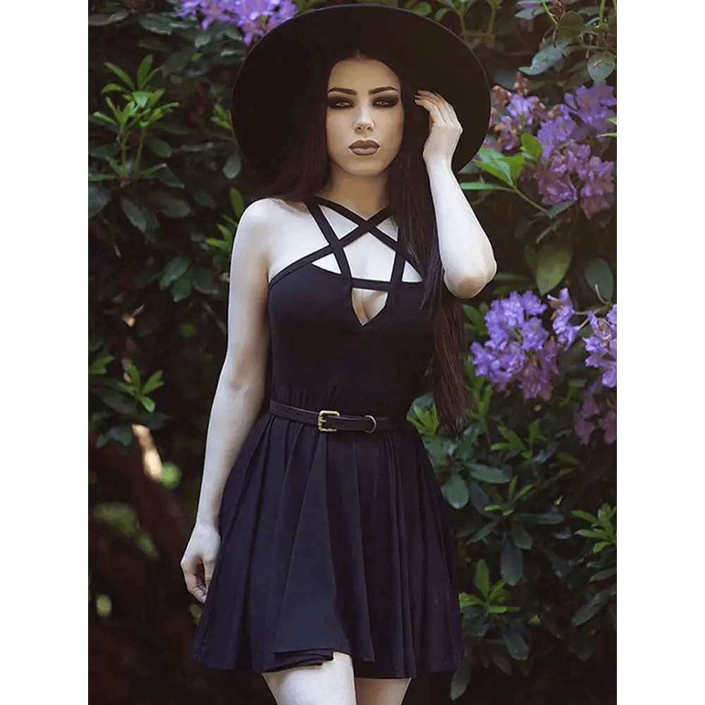 Chic Pentagram Harness Dress for a Gothic Summer Look - Cosparty