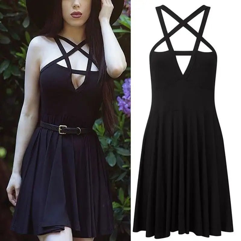 Chic Pentagram Harness Dress for a Gothic Summer Look - Cosparty
