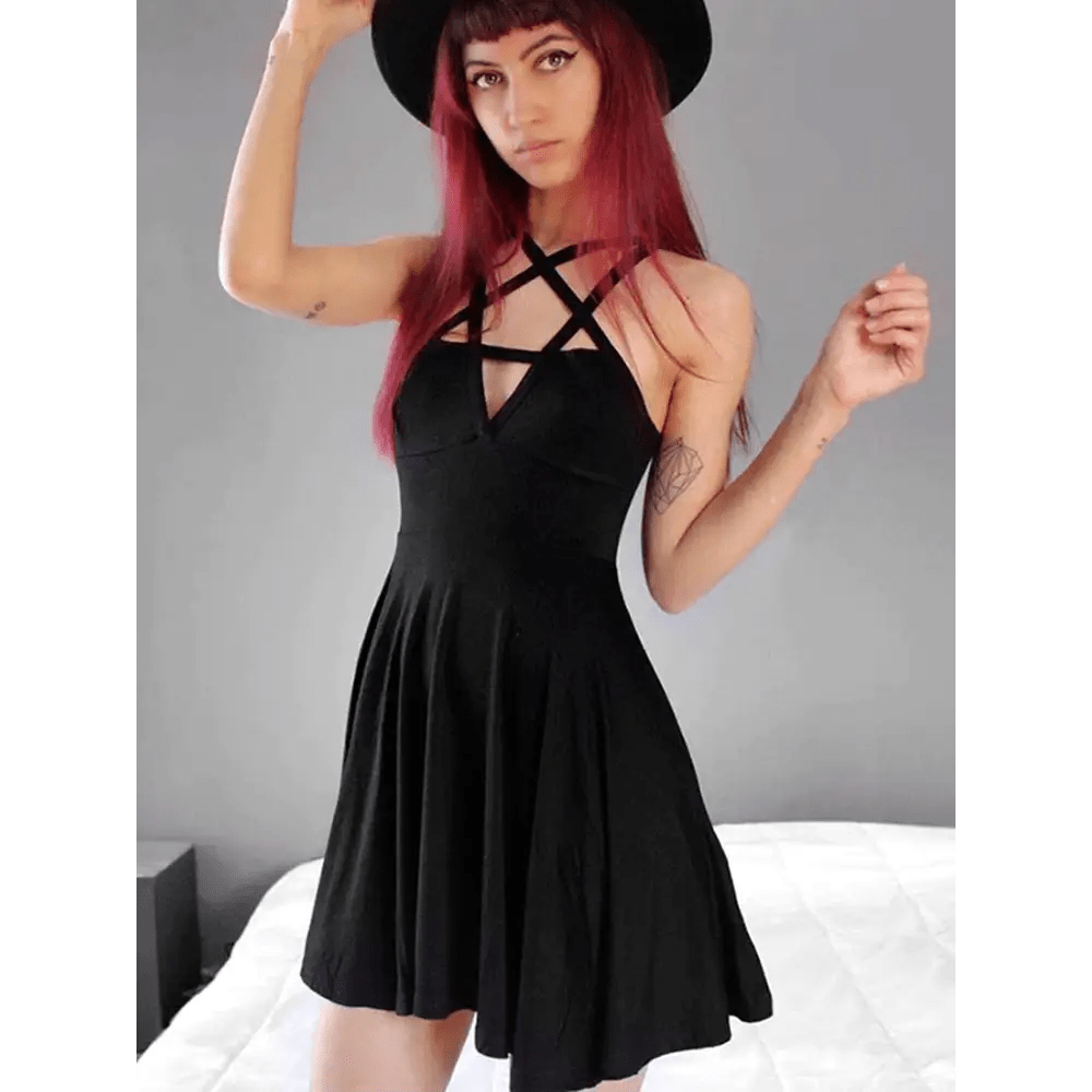Chic Pentagram Harness Dress for a Gothic Summer Look - Cosparty