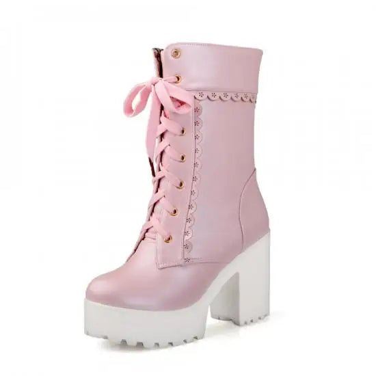 Chunky Ankle Booties with Lace Trim and Leopard Print Lining - Cosparty