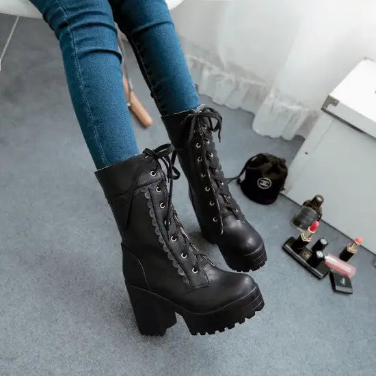 Chunky Ankle Booties with Lace Trim and Leopard Print Lining - Shoes