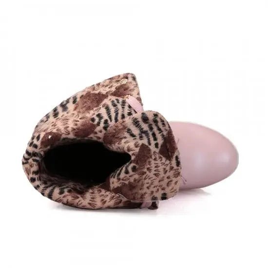 Chunky Ankle Booties with Lace Trim and Leopard Print Lining - Cosparty