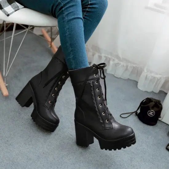 Chunky Ankle Booties with Lace Trim and Leopard Print Lining - Cosparty