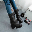 Chunky Ankle Booties with Lace Trim and Leopard Print Lining - Cosparty