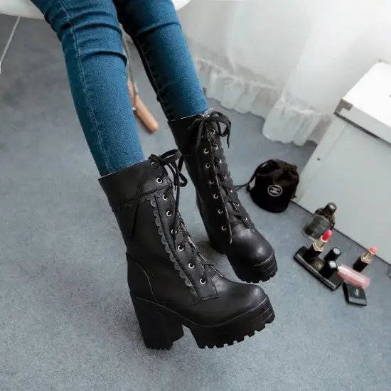Chunky Ankle Booties with Lace Trim and Leopard Print Lining - Cosparty