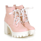 Chunky Square Heel Ankle Boots with Beautiful White Laces in Vegan Leather - Pink / 4 - shoes