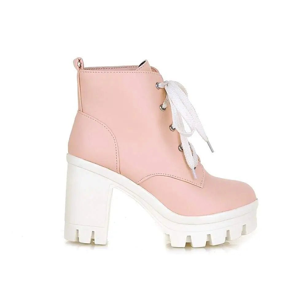 Chunky Square Heel Ankle Boots with Beautiful White Laces in Vegan Leather - Cosparty