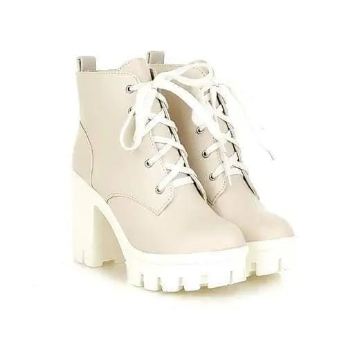 Chunky Square Heel Ankle Boots with Beautiful White Laces in Vegan Leather - Cosparty