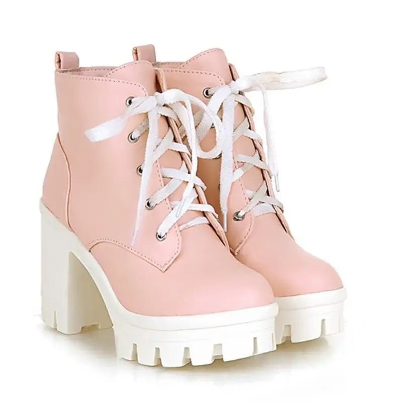 Chunky Square Heel Ankle Boots with Beautiful White Laces in Vegan Leather - Cosparty