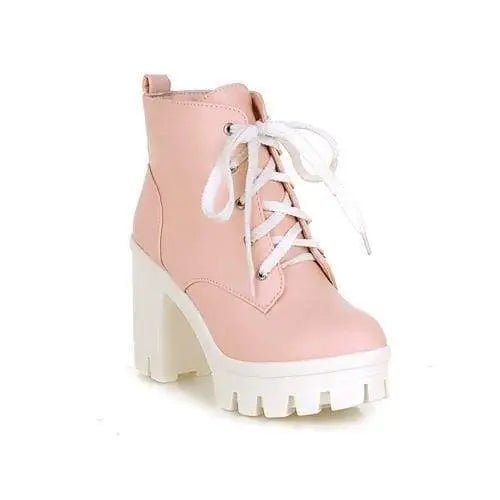 Chunky Square Heel Ankle Boots with Beautiful White Laces in Vegan Leather - Cosparty