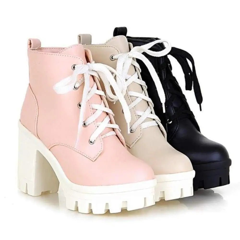 Chunky Square Heel Ankle Boots with Beautiful White Laces in Vegan Leather - Cosparty