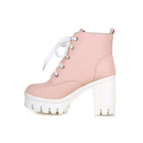 Chunky Square Heel Ankle Boots with Beautiful White Laces in Vegan Leather - Cosparty