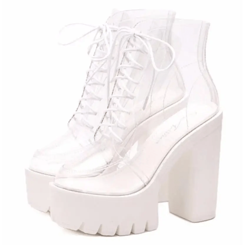 Chunky Square - Heeled Baby Doll Ankle Boots with Clear TPU Upper - Cosparty