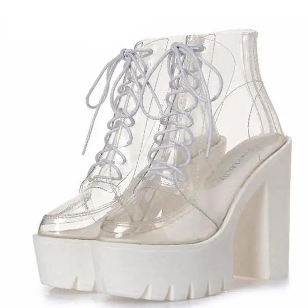 Chunky Square-Heeled Baby Doll Ankle Boots with Clear TPU Upper - shoes