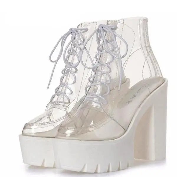 Chunky Square - Heeled Baby Doll Ankle Boots with Clear TPU Upper - Cosparty