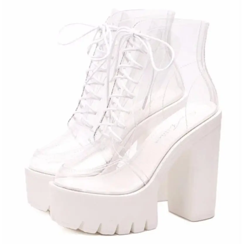 Chunky Square-Heeled Baby Doll Ankle Boots with Clear TPU Upper - shoes