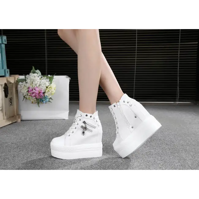 Chunky Wedge Platform Sneakers with Studs and Skull Zippers - Shoes