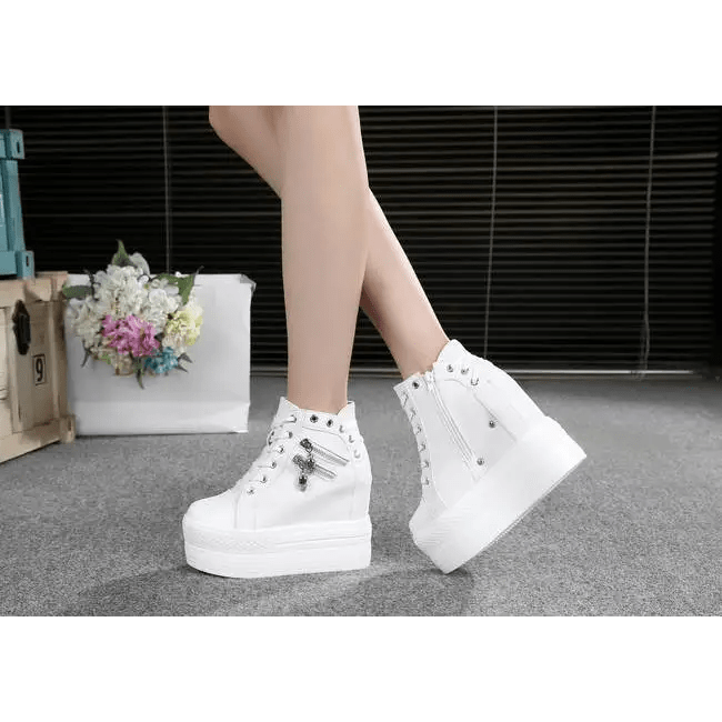 Chunky Wedge Platform Sneakers with Studs and Skull Zippers - Cosparty