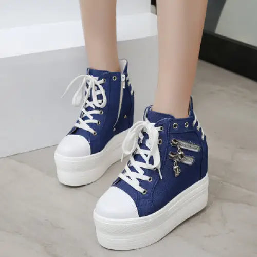 denim jean punk rock skull zipper shoes platform sneakers lace up athletic goth edgy fashion by Cosparty