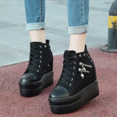 Chunky Wedge Platform Sneakers with Studs and Skull Zippers - Shoes