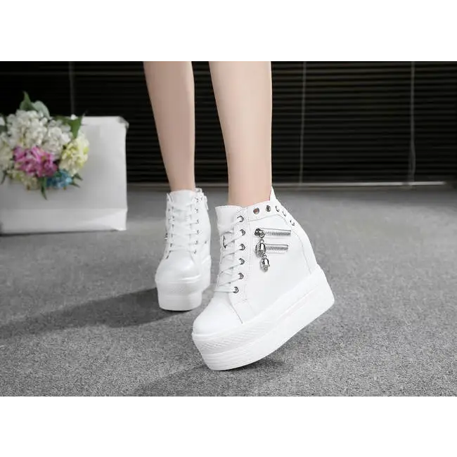 Chunky Wedge Platform Sneakers with Studs and Skull Zippers - Shoes