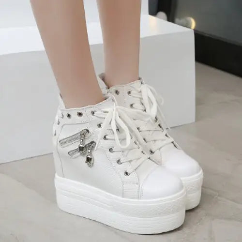 white punk rock skull zipper shoes platform sneakers lace up athletic goth edgy fashion by Cosparty