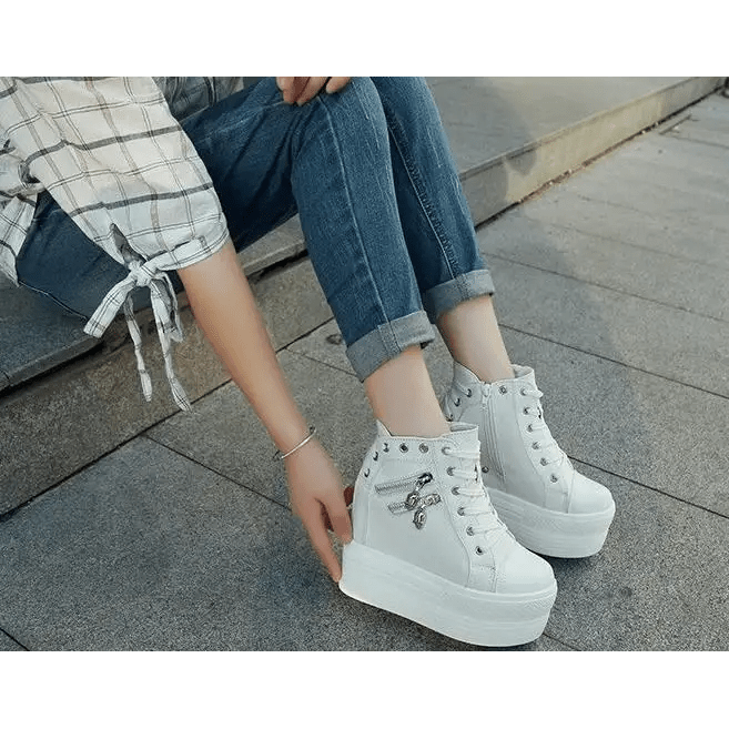 Chunky Wedge Platform Sneakers with Studs and Skull Zippers - Cosparty