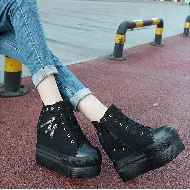 Chunky Wedge Platform Sneakers with Studs and Skull Zippers - Shoes