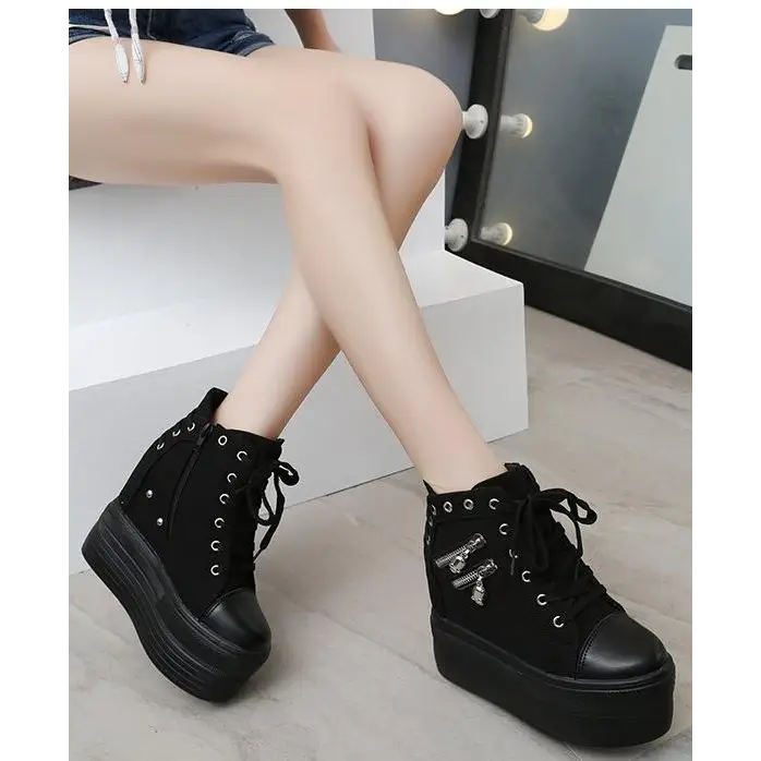 Chunky Wedge Platform Sneakers with Studs and Skull Zippers - Shoes