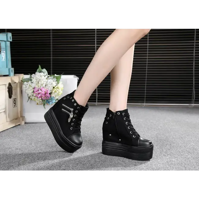 Chunky Wedge Platform Sneakers with Studs and Skull Zippers - Shoes