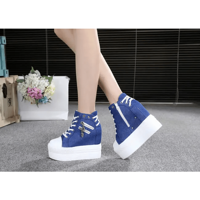 Chunky Wedge Platform Sneakers with Studs and Skull Zippers - Cosparty