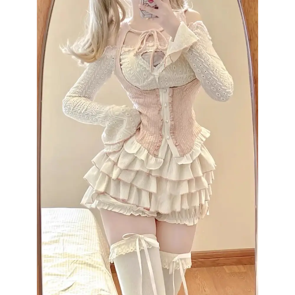 Cinched & Pretty Babydoll Outfit in Soft Pink and White - Vest Only / S - outfit