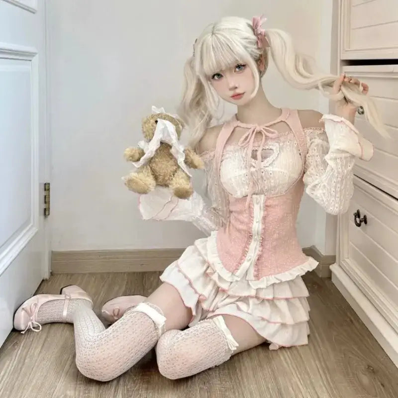 Cinched & Pretty Babydoll Outfit in Soft Pink and White - outfit