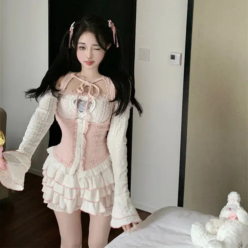 Cinched & Pretty Babydoll Outfit in Soft Pink and White - outfit