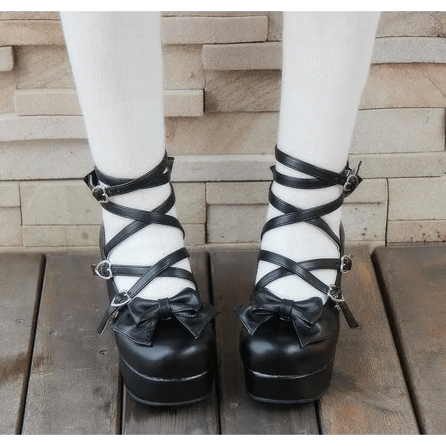 Classic Strappy Wrap - Around Ankle Lolita Shoes with Block Heel - Cosparty