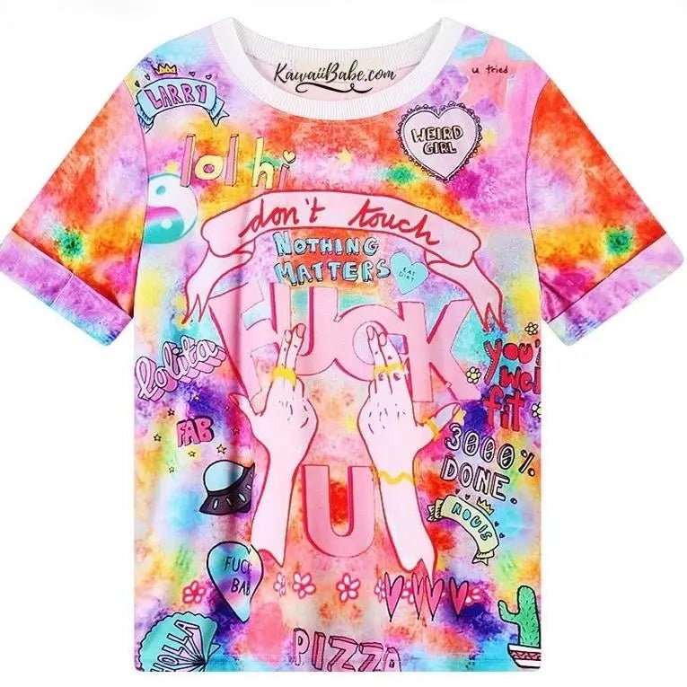 Colorful Harajuku Shirt with Risque Phrases for Kawaii Aesthetic - Cosparty