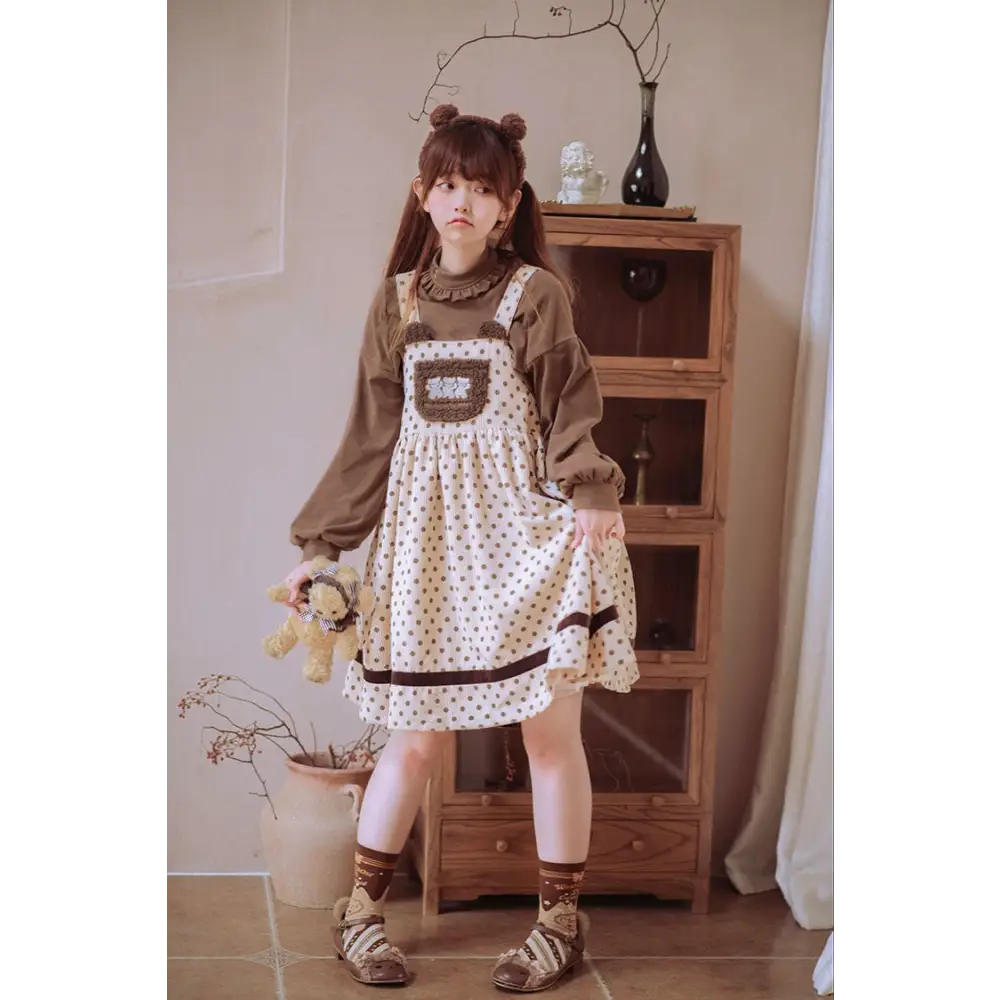 Corduroy Teddy Overall Dress in Brown or Polkadot Print - dress