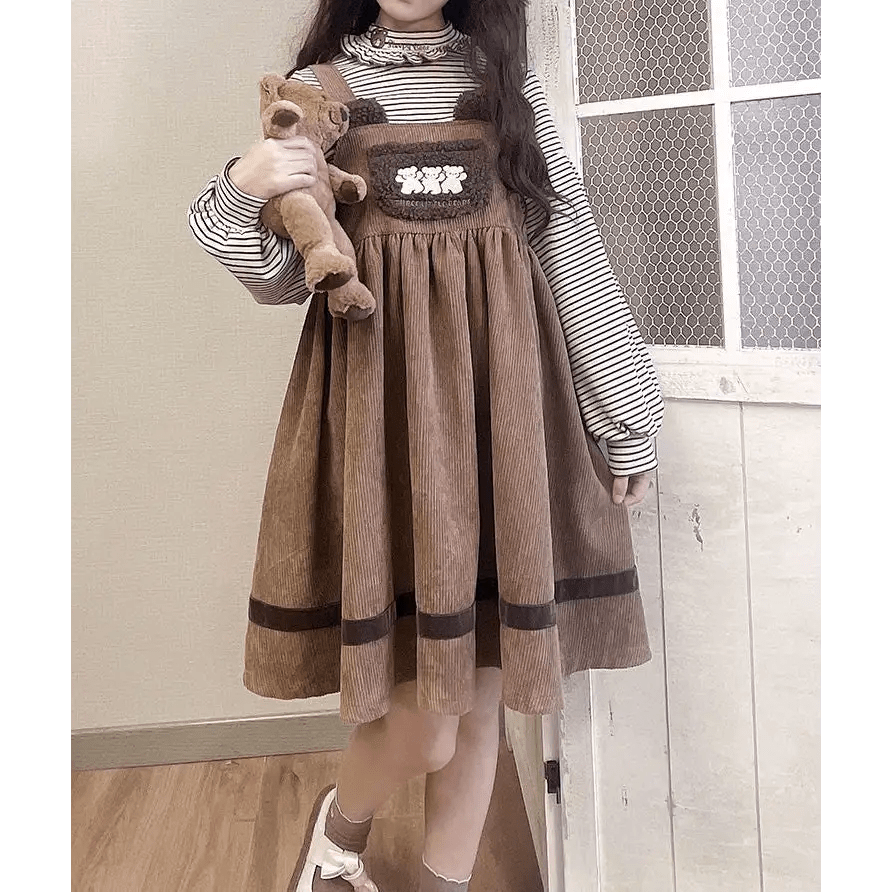 Corduroy Teddy Overall Dress in Brown or Polkadot Print - Cosparty