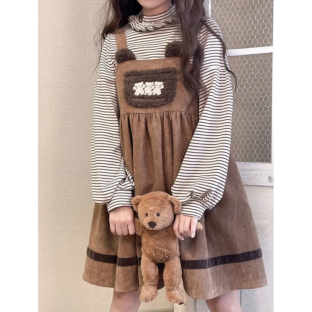 Corduroy Teddy Overall Dress in Brown or Polkadot Print - dress