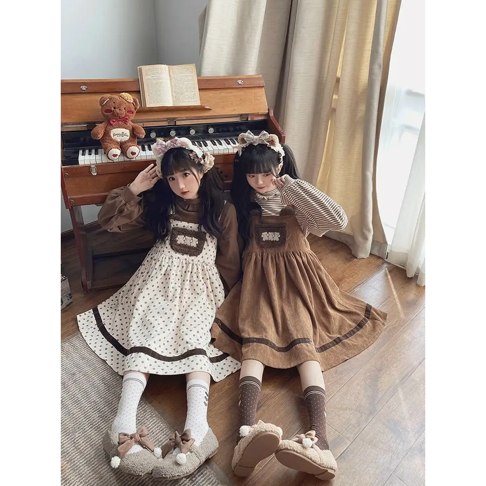 Corduroy Teddy Overall Dress in Brown or Polkadot Print - dress