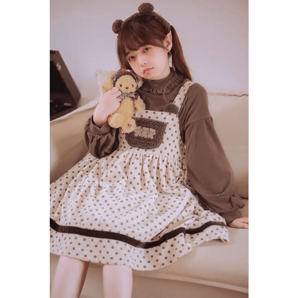 Corduroy Teddy Overall Dress in Brown or Polkadot Print - Cosparty